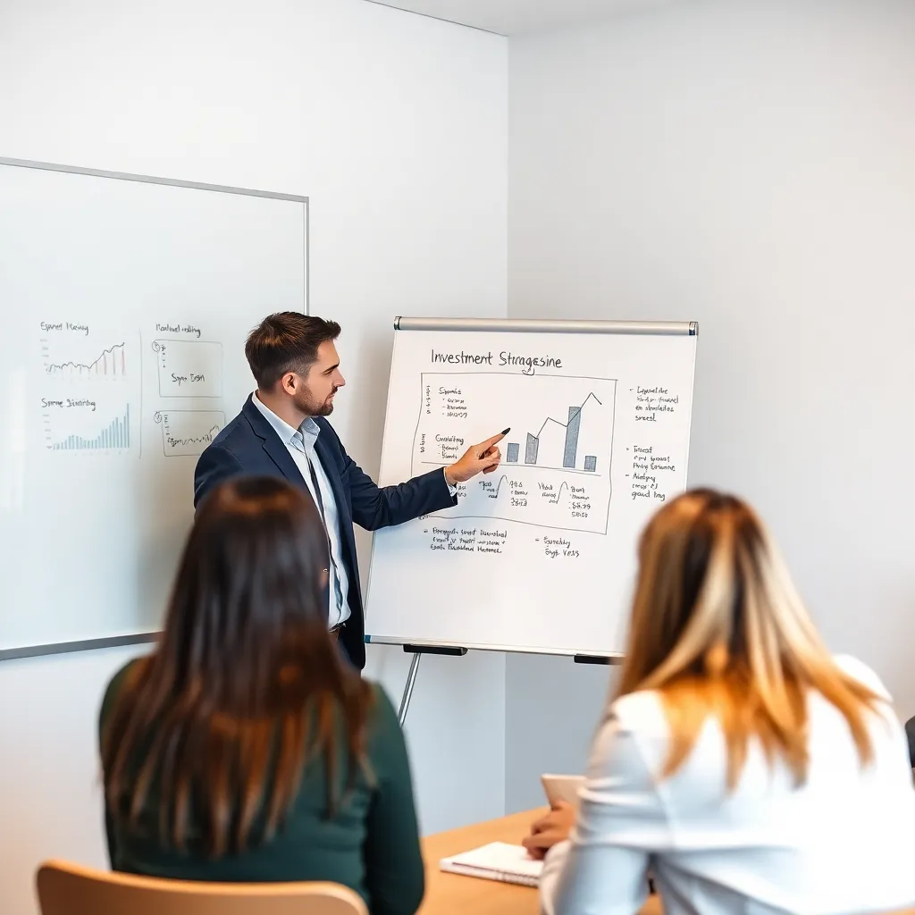 Trainer erklärt Anlagestrategien an einer Tafel