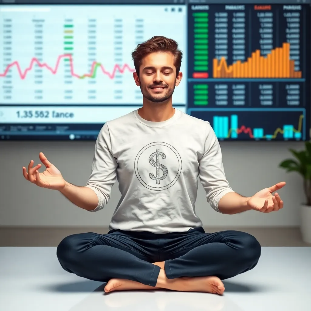 Person in meditativer Haltung vor Laptop mit Finanzdaten, symbolisiert mentale Aspekte des Finanzmanagements
