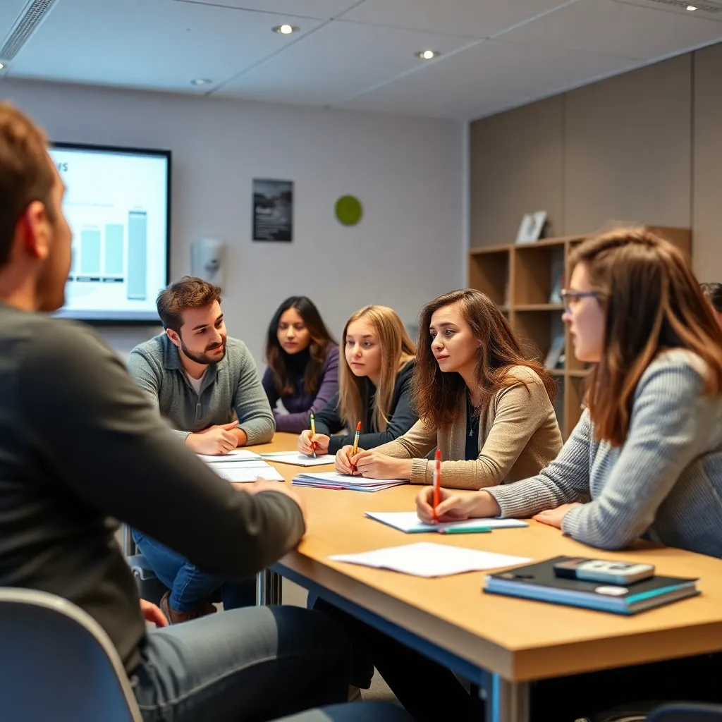 Gruppe von Menschen in einem Finanzkurs in moderner Umgebung